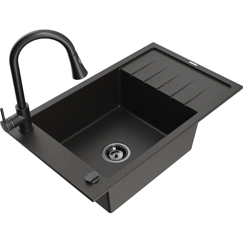 Mexen Elias granitový dřez s 1 komorou a odkapávačem a kuchyňskou baterií Elia, černý/zlatý metalický - 6511-75-670101-70-B