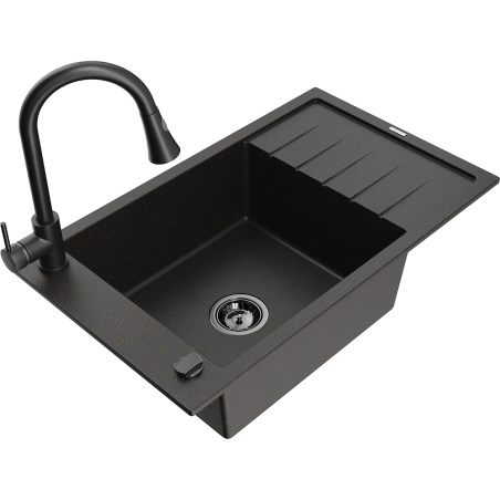 Mexen Elias granitový dřez s 1 komorou a odkapávačem a kuchyňskou baterií Elia, černý/zlatý metalický - 6511-75-670101-70-B