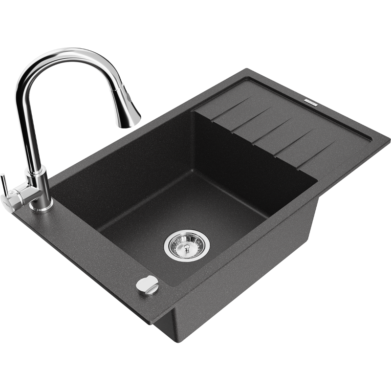 Mexen Elias granitový dřez s 1 komorou, odkapávačem a kuchyňskou baterií Elia, černý s tečkami - 6511-76-670101-00