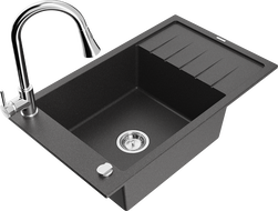 Mexen Elias granitový dřez s 1 komorou, odkapávačem a kuchyňskou baterií Elia, černý s tečkami - 6511-76-670101-00