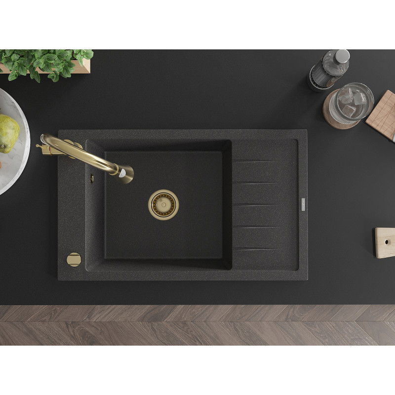 Mexen Elias granitový dřez 1-komorový s odkapávačem a kuchyňskou baterií Elia, černý skvrnitý - 6511-76-670101-50