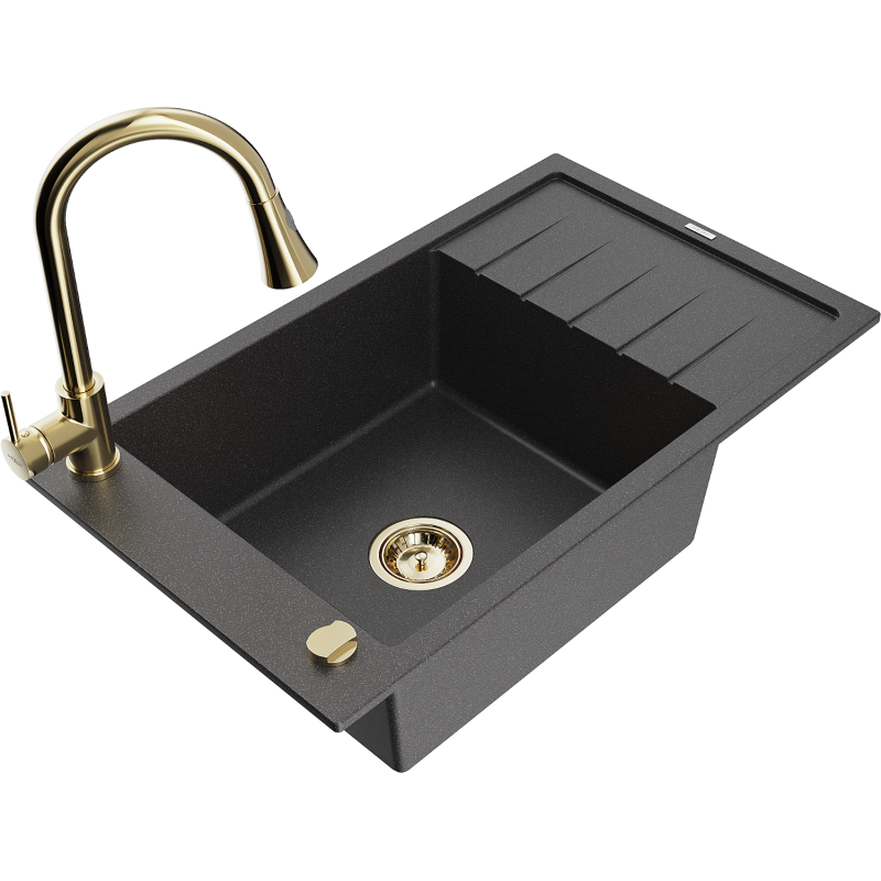Mexen Elias granitový dřez 1-komorový s odkapávačem a kuchyňskou baterií Elia, černý skvrnitý - 6511-76-670101-50