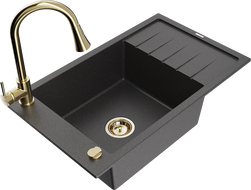 Mexen Elias granitový dřez 1-komorový s odkapávačem a kuchyňskou baterií Elia, černý skvrnitý - 6511-76-670101-50