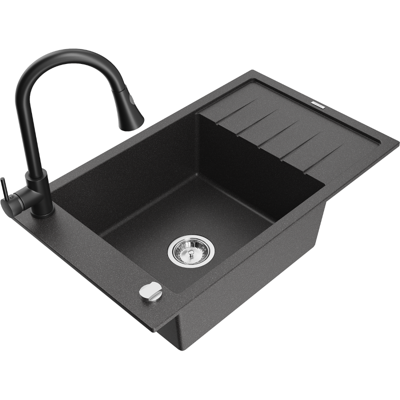 Mexen Elias granitový dřez jednokomorový s odkapávačem a kuchyňskou baterií Elia, černý skvrnitý - 6511-76-670101-70