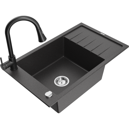 Mexen Elias granitový dřez jednokomorový s odkapávačem a kuchyňskou baterií Elia, černý skvrnitý - 6511-76-670101-70