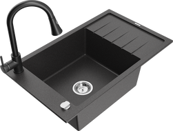 Mexen Elias granitový dřez jednokomorový s odkapávačem a kuchyňskou baterií Elia, černý skvrnitý - 6511-76-670101-70