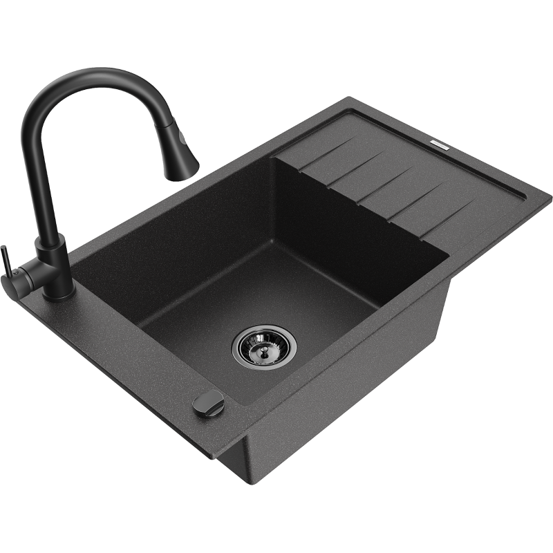 Mexen Elias granitový dřez s 1 komorou, odkapávačem a kuchyňskou baterií Elia, černý skvrnitý - 6511-76-670101-70-B