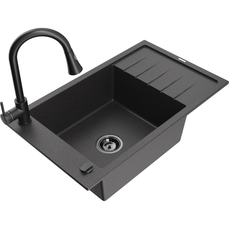 Mexen Elias granitový dřez s 1 komorou, odkapávačem a kuchyňskou baterií Elia, černý skvrnitý - 6511-76-670101-70-B
