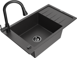 Mexen Elias granitový dřez s 1 komorou, odkapávačem a kuchyňskou baterií Elia, černý skvrnitý - 6511-76-670101-70-B