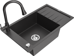 Mexen Elias granitový dřez 1-komorový s odkapávačem a kuchyňskou baterií Elia, černý kropenatý - 6511-76-670101-76