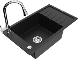 Mexen Elias granitový dřez 1-komorový s odkapávačem a kuchyňskou baterií Elia, černý - 6511-77-670101-00