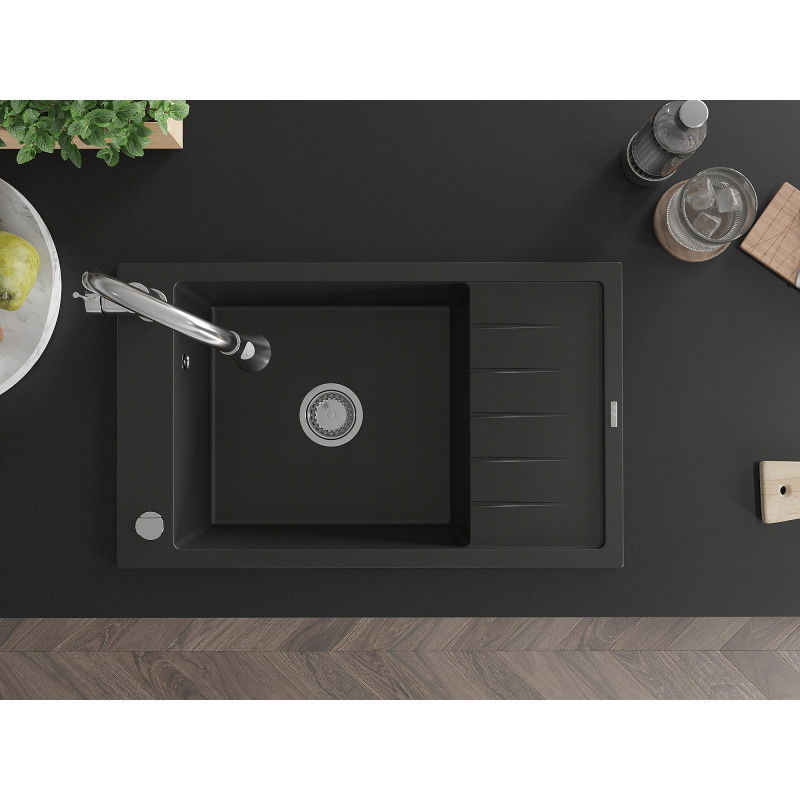 Mexen Elias granitový dřez 1-komorový s odkapávačem a kuchyňskou baterií Elia, černý - 6511-77-670101-00