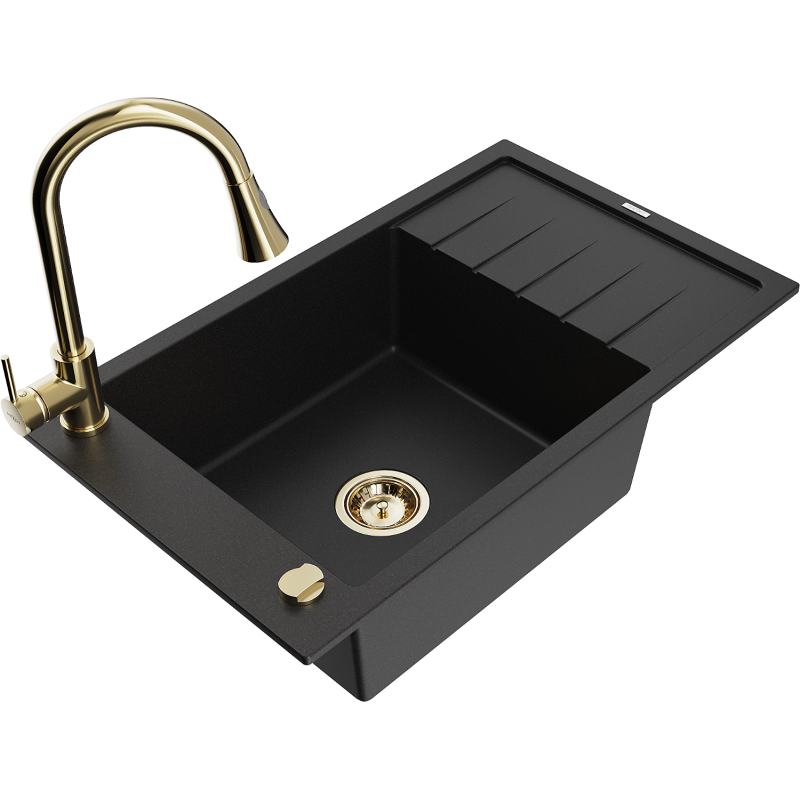 Mexen Elias granitový dřez s 1 komorou a odkapávačem a kuchyňskou baterií Elia, černý - 6511-77-670101-50