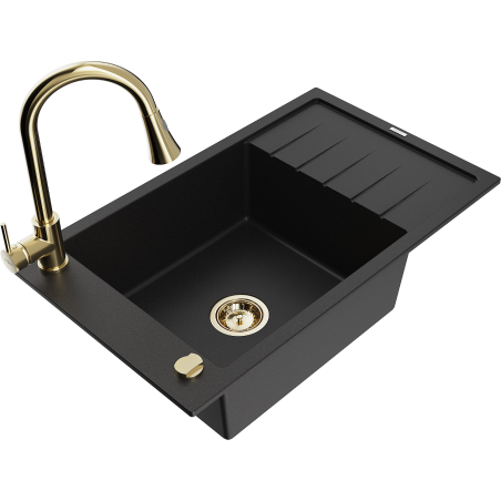 Mexen Elias granitový dřez s 1 komorou a odkapávačem a kuchyňskou baterií Elia, černý - 6511-77-670101-50