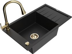 Mexen Elias granitový dřez s 1 komorou a odkapávačem a kuchyňskou baterií Elia, černý - 6511-77-670101-50