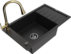 Mexen Elias žulový dřez 1-komorový s odkapávačem a kuchyňskou baterií Elia, černý - 6511-77-670101-50-B