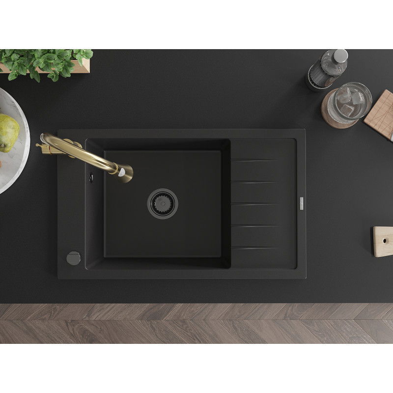 Mexen Elias žulový dřez 1-komorový s odkapávačem a kuchyňskou baterií Elia, černý - 6511-77-670101-50-B