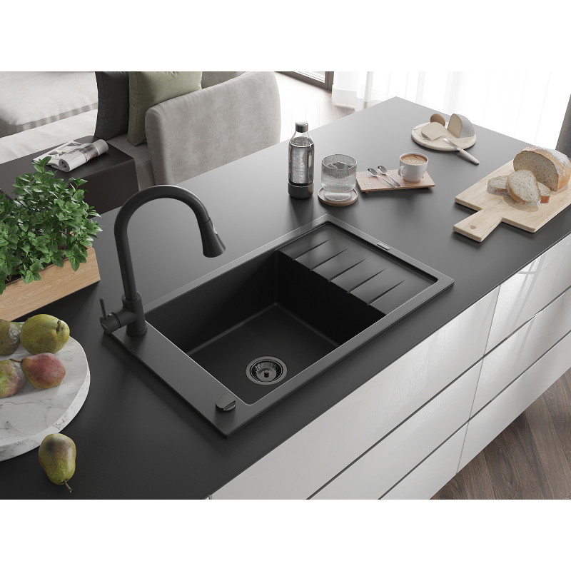 Mexen Elias granitový dřez s 1 komorou, odkapávačem a kuchyňskou baterií Elia, černý - 6511-77-670101-70-B