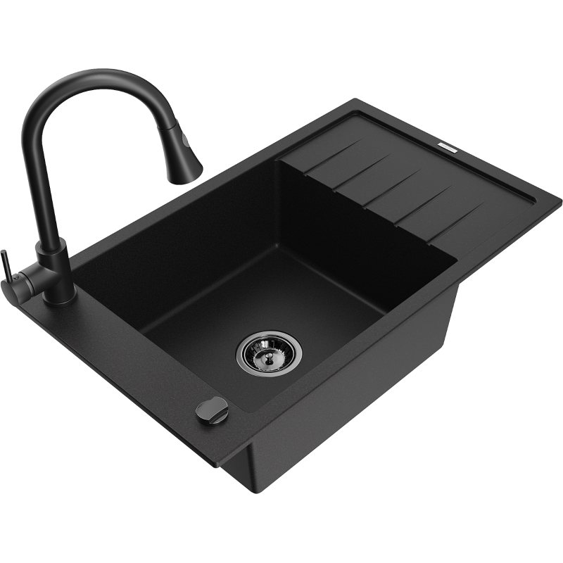 Mexen Elias granitový dřez s jednou komorou a odkapávačem a kuchyňskou baterií Elia, černý - 6511-77-670101-70-B