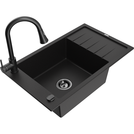 Mexen Elias granitový dřez s jednou komorou a odkapávačem a kuchyňskou baterií Elia, černý - 6511-77-670101-70-B