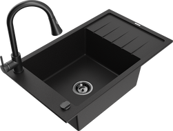 Mexen Elias granitový dřez s jednou komorou a odkapávačem a kuchyňskou baterií Elia, černý - 6511-77-670101-70-B