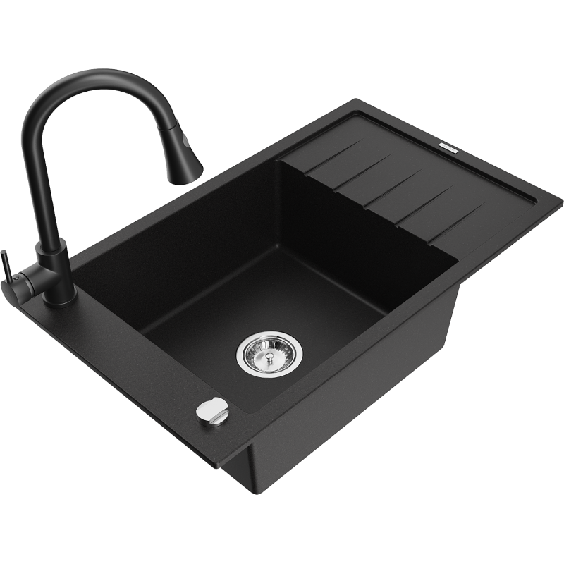 Mexen Elias granitový dřez 1-komorový s odkapávačem a kuchyňskou baterií Elia, černý - 6511-77-670101-70