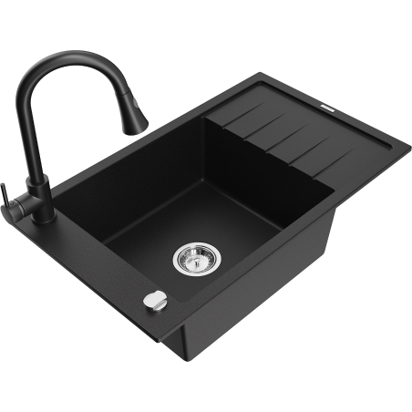 Mexen Elias granitový dřez 1-komorový s odkapávačem a kuchyňskou baterií Elia, černý - 6511-77-670101-70