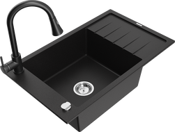 Mexen Elias granitový dřez 1-komorový s odkapávačem a kuchyňskou baterií Elia, černý - 6511-77-670101-70