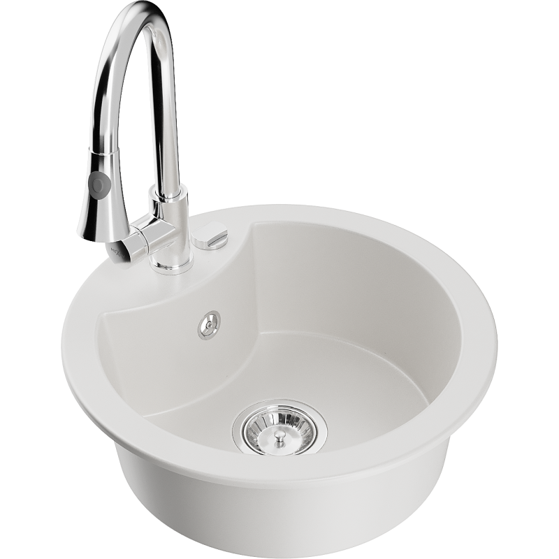 Mexen Diego granitový dřez s 1 komorou a kuchyňskou baterií Elia, bílý - 6512-20-670101-00