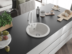 Mexen Diego granitový dřez jednokomorový s kuchyňskou baterií Elia, bílý - 6512-20-670101-20