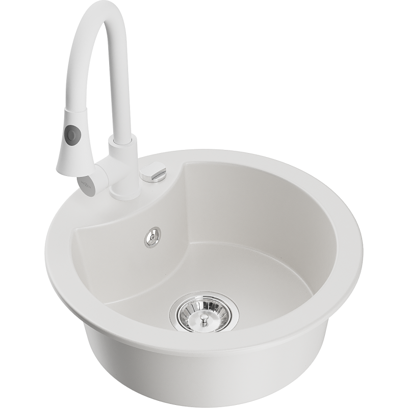 Mexen Diego granitový dřez jednokomorový s kuchyňskou baterií Elia, bílý - 6512-20-670101-20