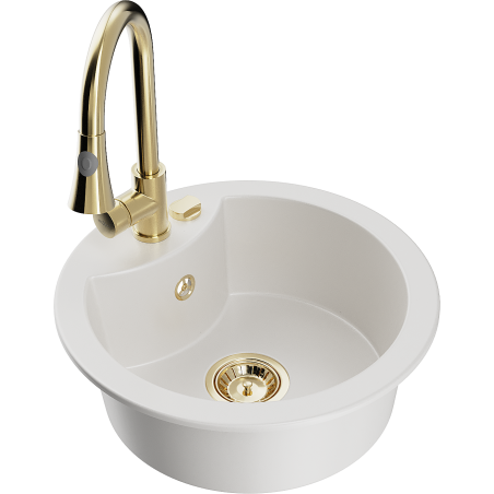 Mexen Diego granitový dřez jednokomorový s kuchyňskou baterií Elia, bílý - 6512-20-670101-50