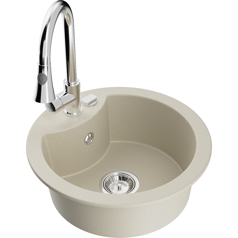 Mexen Diego granitový dřez 1-komorový s kuchyňskou baterií Elia, béžový - 6512-69-670101-00