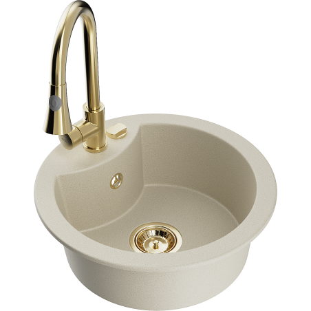 Mexen Diego granitový dřez s 1 komorou s kuchyňskou baterií Elia, béžový - 6512-69-670101-50