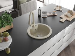 Mexen Diego granitový dřez 1-komorový s kuchyňskou baterií Elia, béžový - 6512-69-670101-69