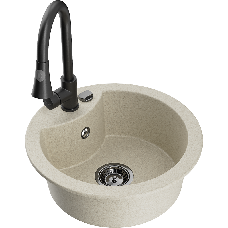 Mexen Diego granitový dřez 1-komorový s kuchyňskou baterií Elia, béžový - 6512-69-670101-70