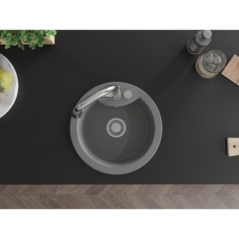 Mexen Diego granitový dřez 1-komorový s kuchyňskou baterií Elia, šedý - 6512-71-670101-00