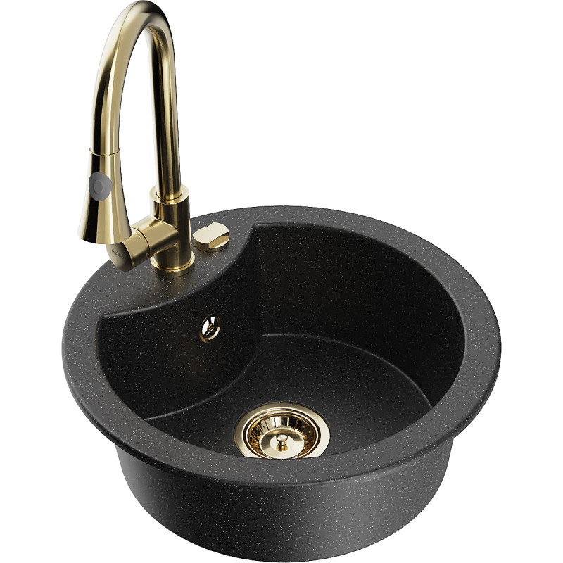 Mexen Diego granitový dřez 1-komorový s kuchyňskou baterií Elia, černý/stříbrný metalický - 6512-73-670101-50