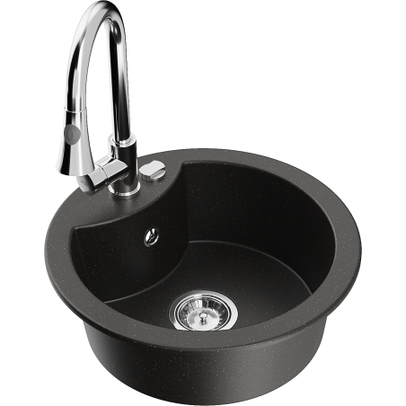 Mexen Diego granitový dřez 1-komorový s kuchyňskou baterií Elia, černý/zlatý metalík - 6512-75-670101-00