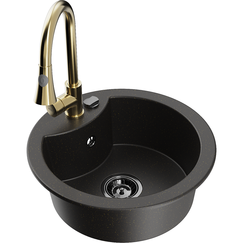 Mexen Diego granitový dřez 1-komorový s kuchyňskou baterií Elia, černý/zlatý metalický - 6512-75-670101-50-B