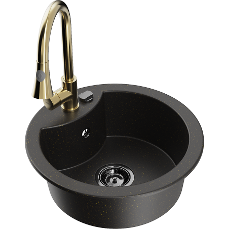 Mexen Diego granitový dřez 1-komorový s kuchyňskou baterií Elia, černý/zlatý metalický - 6512-75-670101-50-B