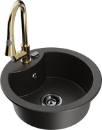 Mexen Diego granitový dřez 1-komorový s kuchyňskou baterií Elia, černý/zlatý metalický - 6512-75-670101-50-B