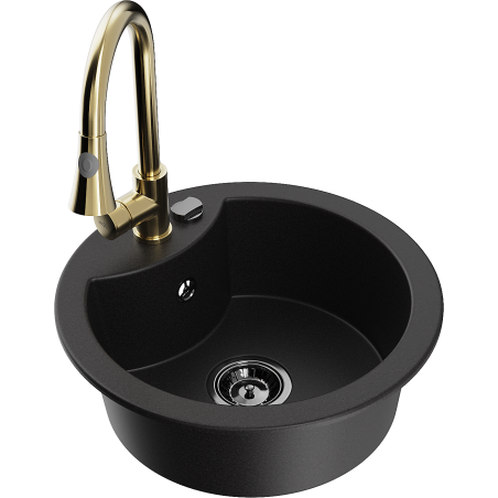 Mexen Diego granitový dřez 1-komorový s kuchyňskou baterií Elia, černý - 6512-77-670101-50-B