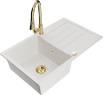 Mexen Bruno granitový jednodřez s odkapávačem a kuchyňskou baterií Elia, bílý - 6513-20-670101-50