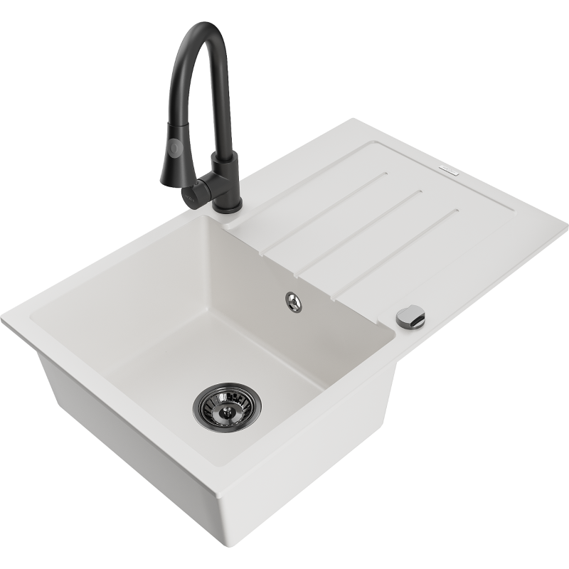 Mexen Bruno granitový dřez 1-komorový s odkapávačem a kuchyňskou baterií Elia, bílá - 6513-20-670101-70