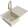 Mexen Bruno granitový dřez s jednou komorou, odkapávač a kuchyňská baterie Elia, béžová - 6513-69-670101-50