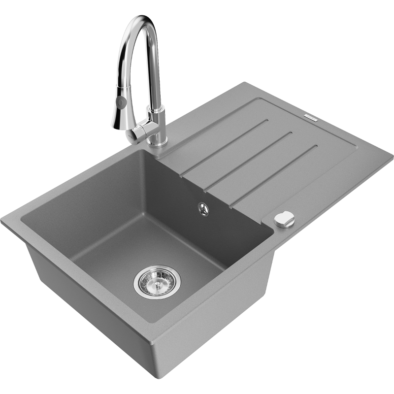 Mexen Bruno granitový dřez 1-komorový s odkapávačem a kuchyňskou baterií Elia, šedý - 6513-71-670101-00