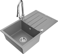 Mexen Bruno granitový dřez 1-komorový s odkapávačem a kuchyňskou baterií Elia, šedý - 6513-71-670101-00