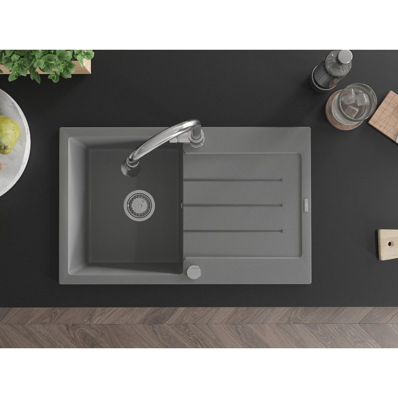 Mexen Bruno granitový dřez 1-komorový s odkapávačem a kuchyňskou baterií Elia, šedý - 6513-71-670101-00