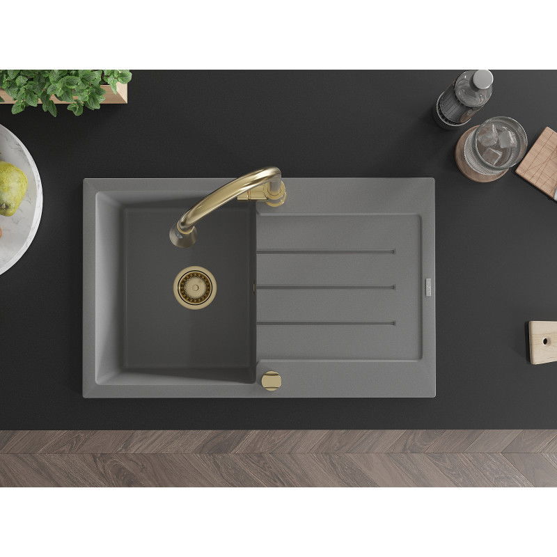 Mexen Bruno granitový dřez 1-komorový s odkapávačem a kuchyňskou baterií Elia, šedý - 6513-71-670101-50